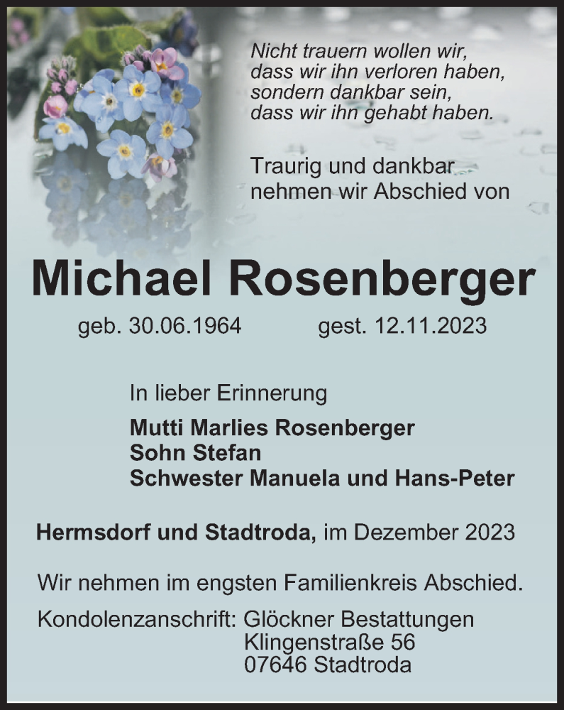  Traueranzeige für Michael Rosenberger vom 02.12.2023 aus Ostthüringer Zeitung
