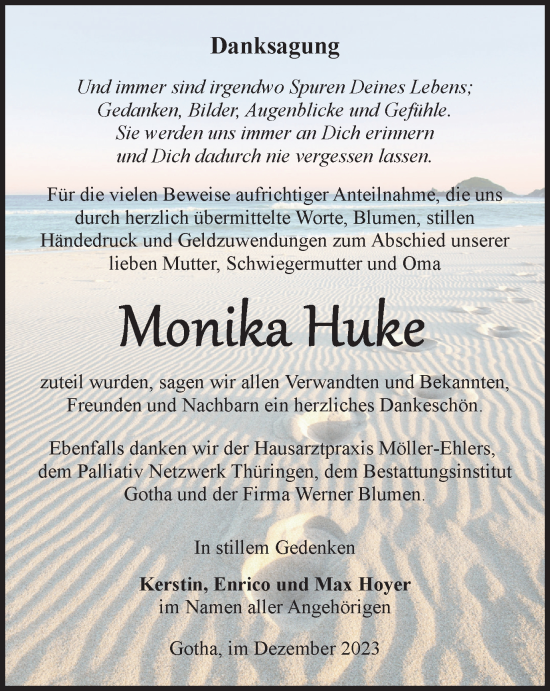 Traueranzeige von Monika Huke von Thüringer Allgemeine, Thüringische Landeszeitung
