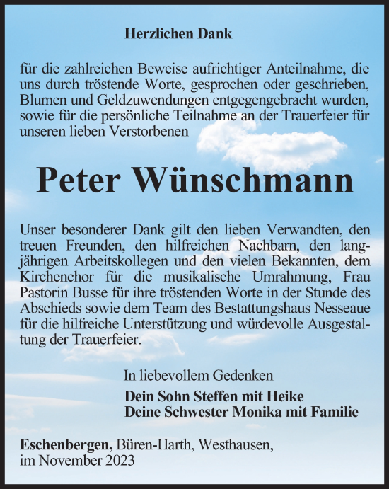 Traueranzeige von Peter Wünschmann von Thüringer Allgemeine, Thüringische Landeszeitung