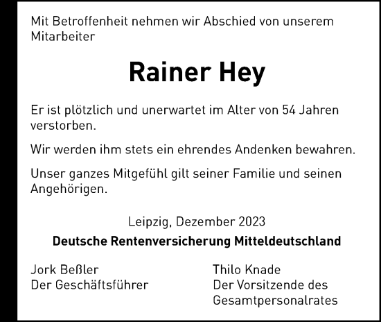 Traueranzeige von Rainer Hey von Thüringer Allgemeine, Thüringische Landeszeitung