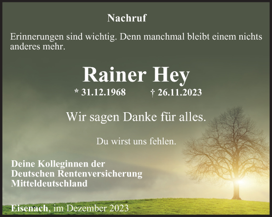 Traueranzeige von Rainer Hey von Thüringer Allgemeine, Thüringische Landeszeitung
