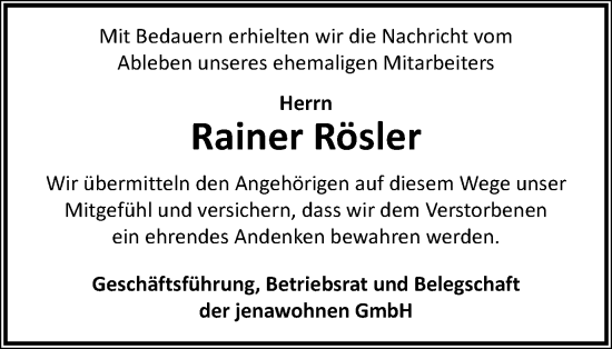 Traueranzeige von Rainer Rösler von Ostthüringer Zeitung, Thüringische Landeszeitung