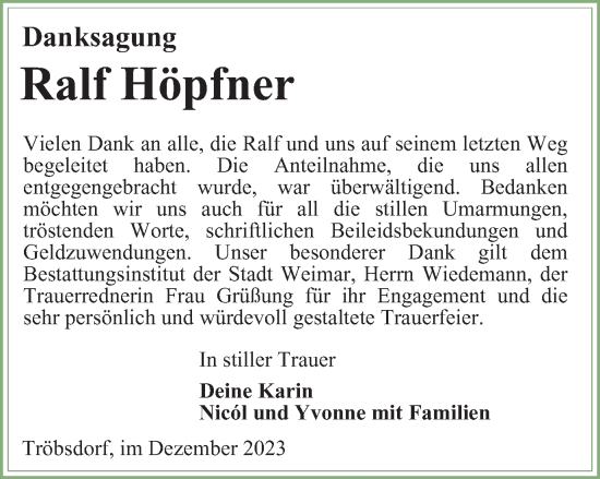 Traueranzeige von Ralf Höpfner von Thüringer Allgemeine, Thüringische Landeszeitung