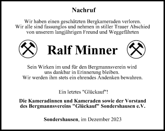 Traueranzeige von Ralf Minner