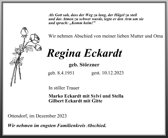 Traueranzeige von Regina Eckardt von Ostthüringer Zeitung