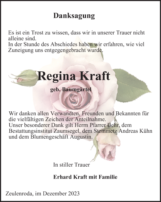 Traueranzeige von Regina Kraft von Ostthüringer Zeitung