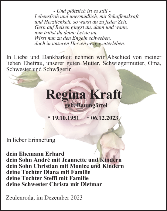 Traueranzeige von Regina Kraft von Ostthüringer Zeitung