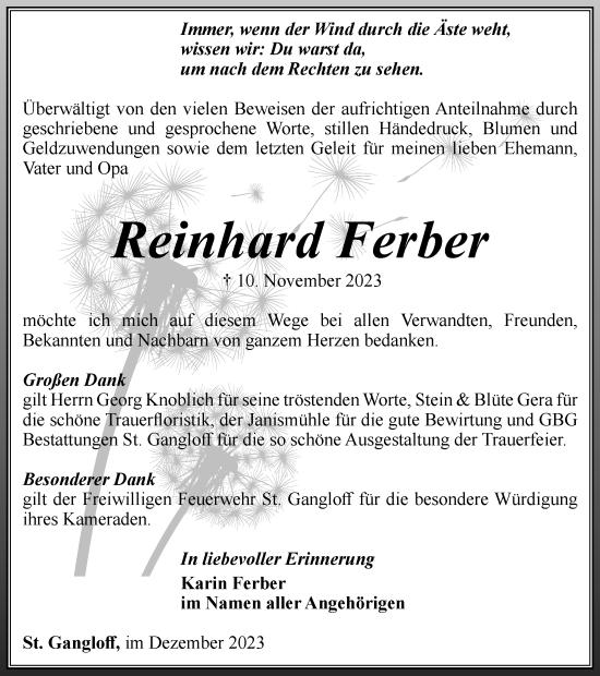 Traueranzeige von Reinhard Ferber von Ostthüringer Zeitung