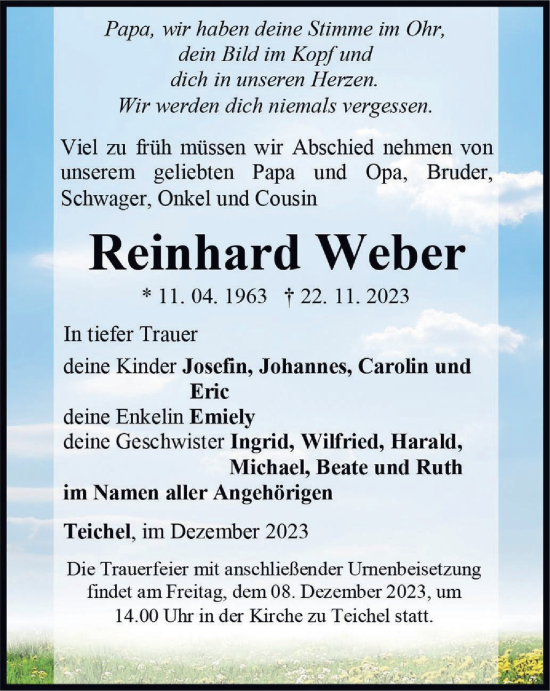 Traueranzeige von Reinhard Weber von Ostthüringer Zeitung