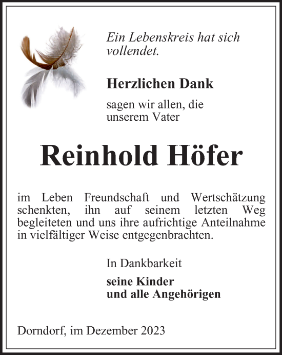 Traueranzeige von Reinhold Höfer von Ostthüringer Zeitung, Thüringische Landeszeitung