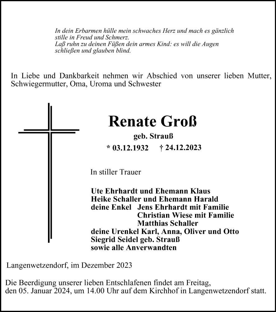 Traueranzeigen von Renate Groß trauerinthueringen.de