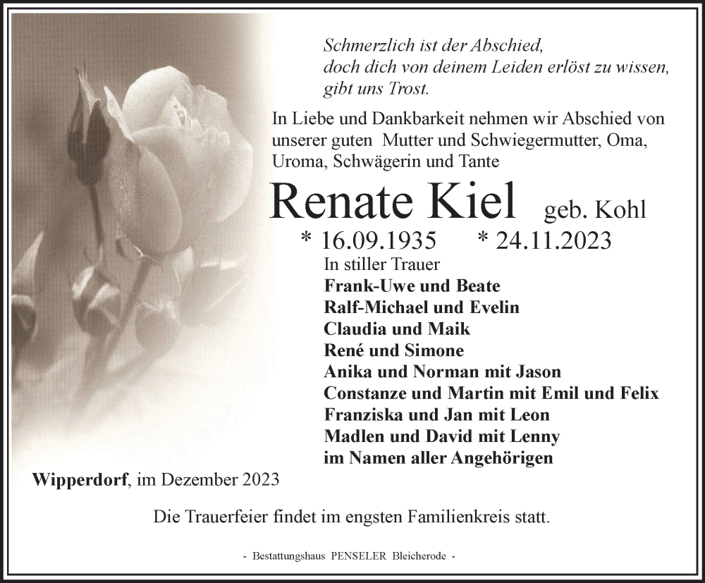  Traueranzeige für Renate Kiel vom 02.12.2023 aus Thüringer Allgemeine