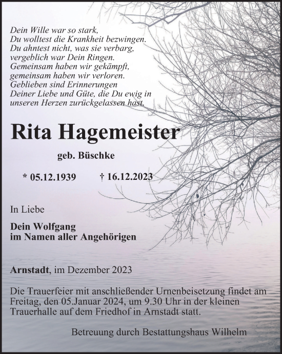 Traueranzeige von Rita Hagemeister von Thüringer Allgemeine