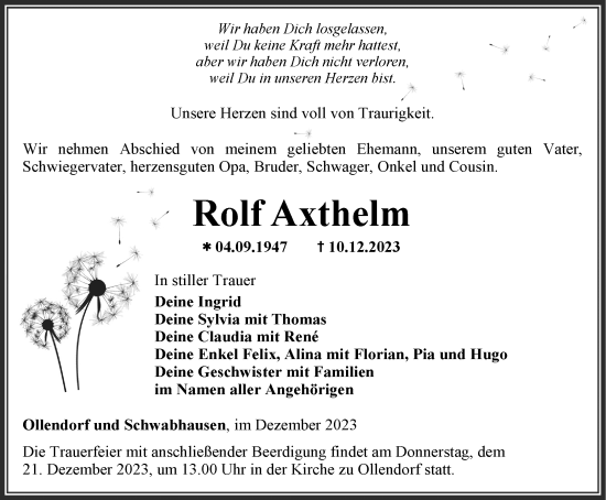 Traueranzeige von Rolf Axthelm von Thüringer Allgemeine, Thüringische Landeszeitung