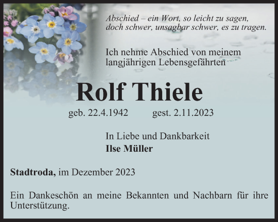 Traueranzeige von Rolf Thiele von Ostthüringer Zeitung