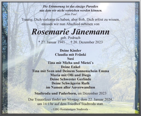 Traueranzeige von Rosemarie Jünemann von Ostthüringer Zeitung