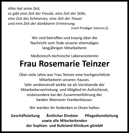 Traueranzeige von Rosemarie Teinzer von Thüringer Allgemeine, Thüringische Landeszeitung