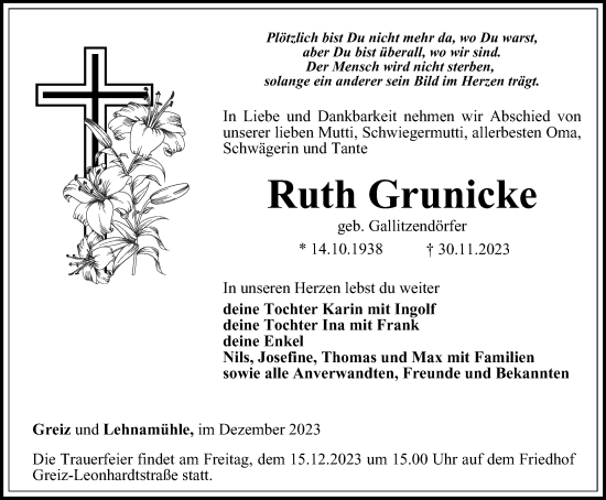 Traueranzeige von Ruth Grunicke