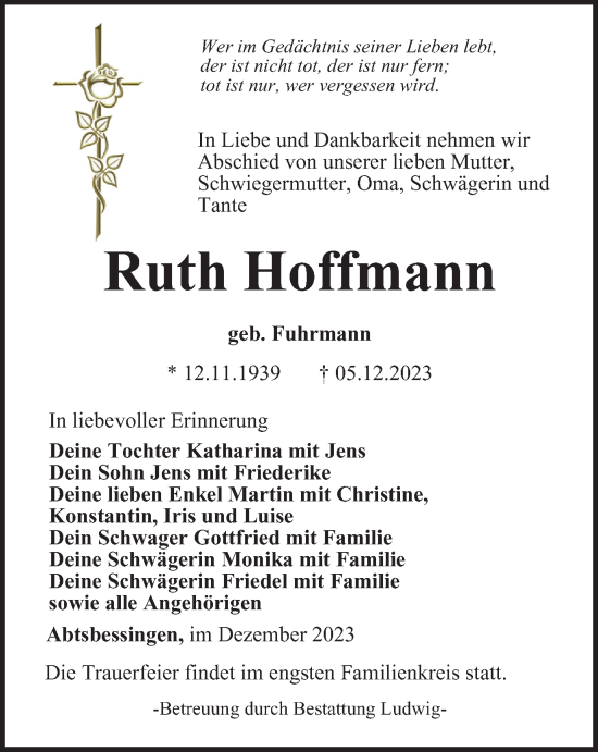 Traueranzeige von Ruth Hoffmann von Thüringer Allgemeine