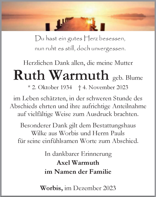 Traueranzeige von Ruth Warmuth von Thüringer Allgemeine