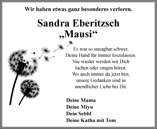 Traueranzeige von Sandra Eberitzsch von Ostthüringer Zeitung, Thüringische Landeszeitung