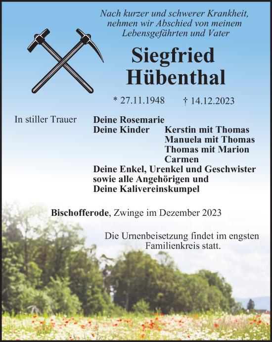 Traueranzeige von Siegfried Hübenthal von Thüringer Allgemeine