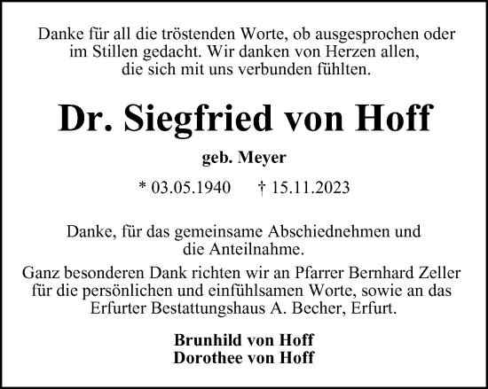 Traueranzeige von Siegfried von Hoff von Thüringer Allgemeine, Thüringische Landeszeitung