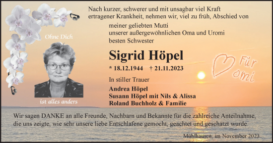 Traueranzeige von Sigrid Höpel von Thüringer Allgemeine, Thüringische Landeszeitung