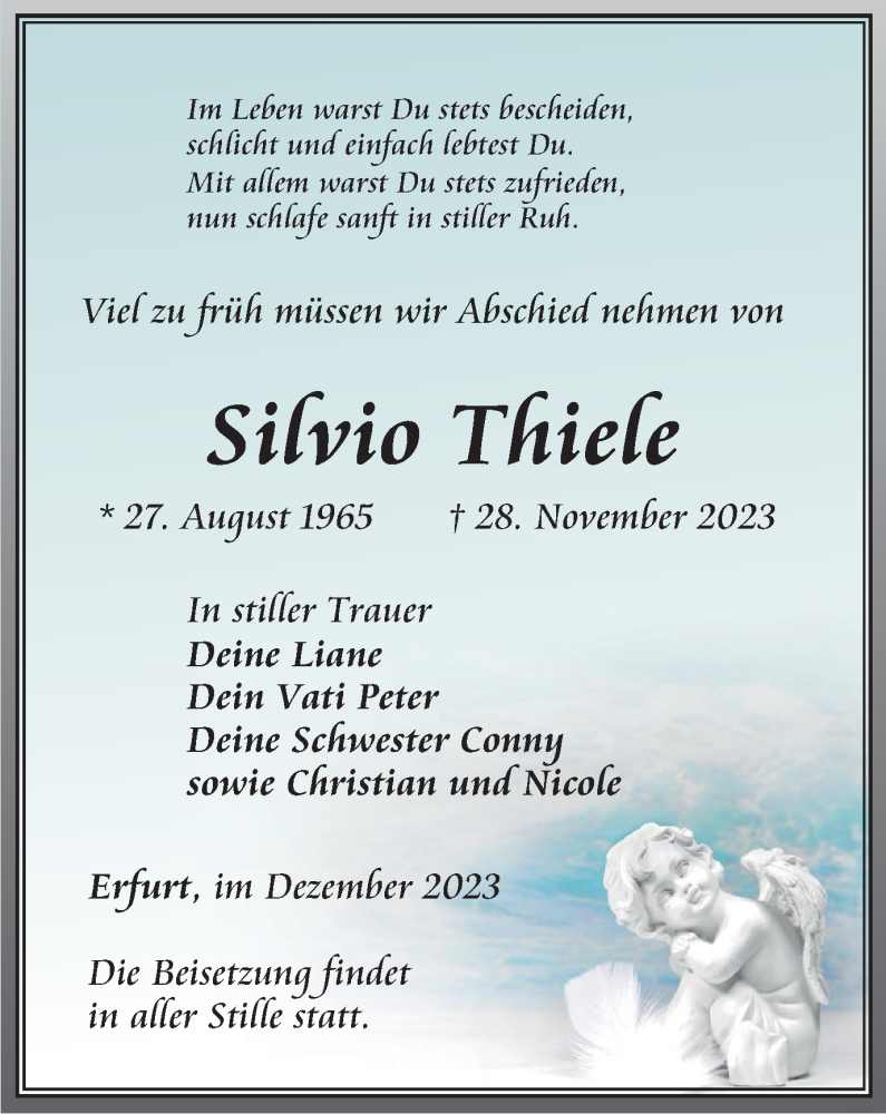  Traueranzeige für Silvio Thiele vom 09.12.2023 aus Thüringer Allgemeine, Thüringische Landeszeitung