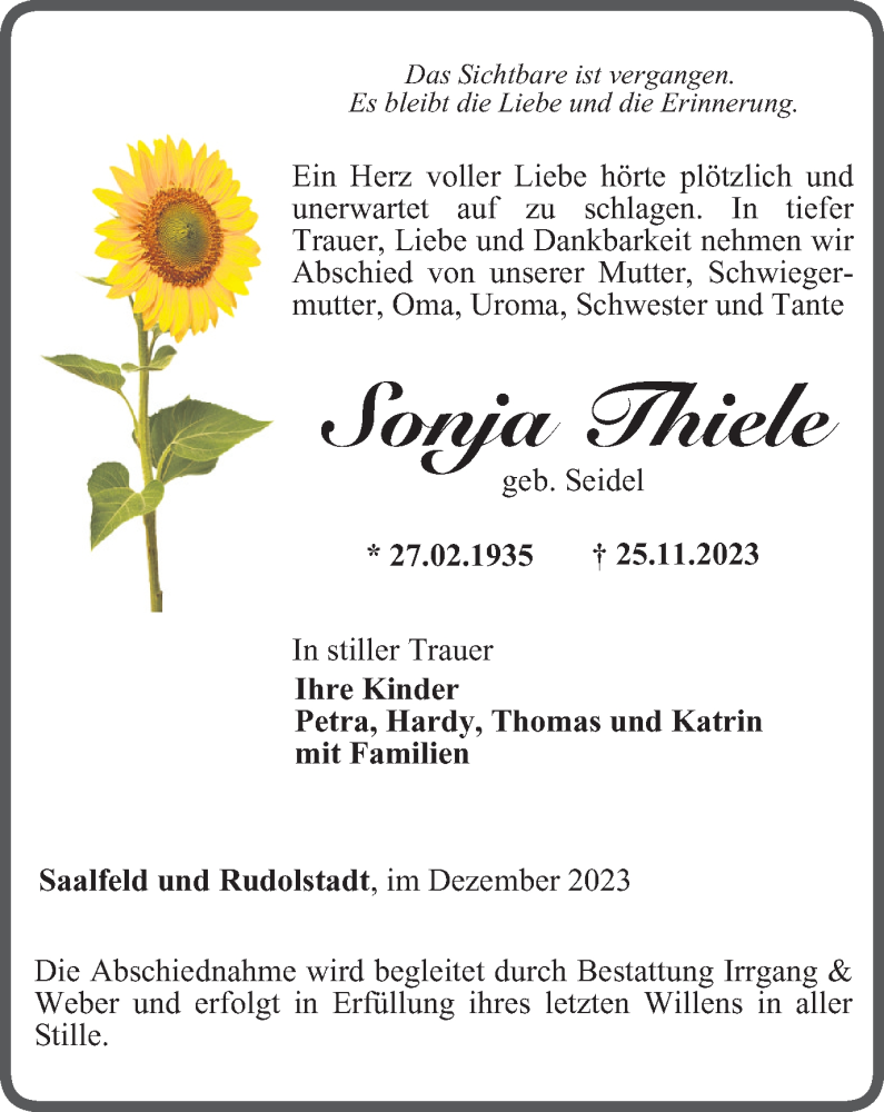  Traueranzeige für Sonja Thiele vom 02.12.2023 aus Ostthüringer Zeitung