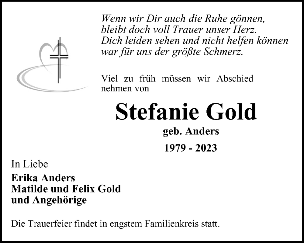 Traueranzeige für Stefanie Gold vom 16.12.2023 aus Thüringer Allgemeine, Thüringische Landeszeitung
