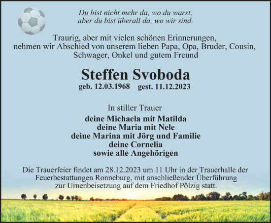 Traueranzeige von Steffen Svoboda von Ostthüringer Zeitung