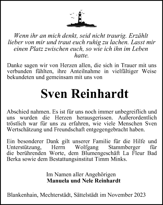 Traueranzeige von Sven Reinhardt von Thüringer Allgemeine, Thüringische Landeszeitung