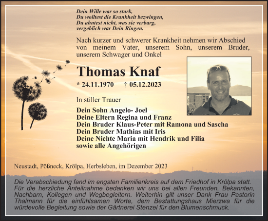 Traueranzeige von Thomas Knaf von Ostthüringer Zeitung