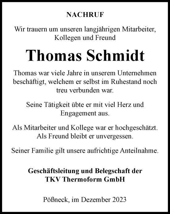 Traueranzeige von Thomas Schmidt von Ostthüringer Zeitung