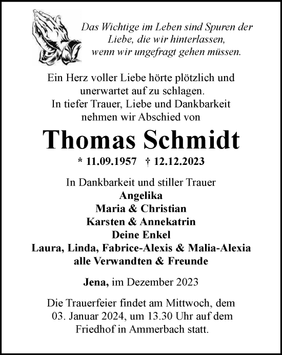 Traueranzeige von Thomas Schmidt von Ostthüringer Zeitung, Thüringische Landeszeitung