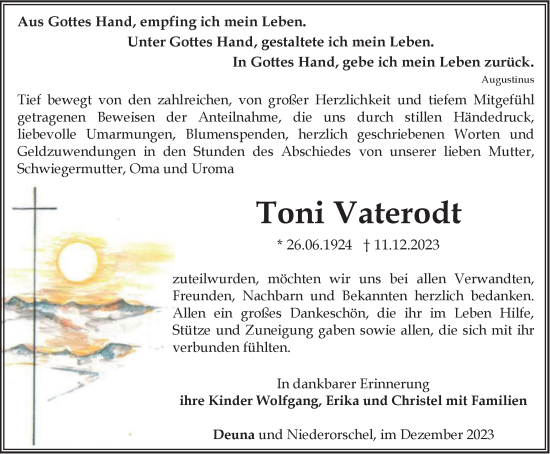 Traueranzeige von Toni Vaterodt von Thüringer Allgemeine