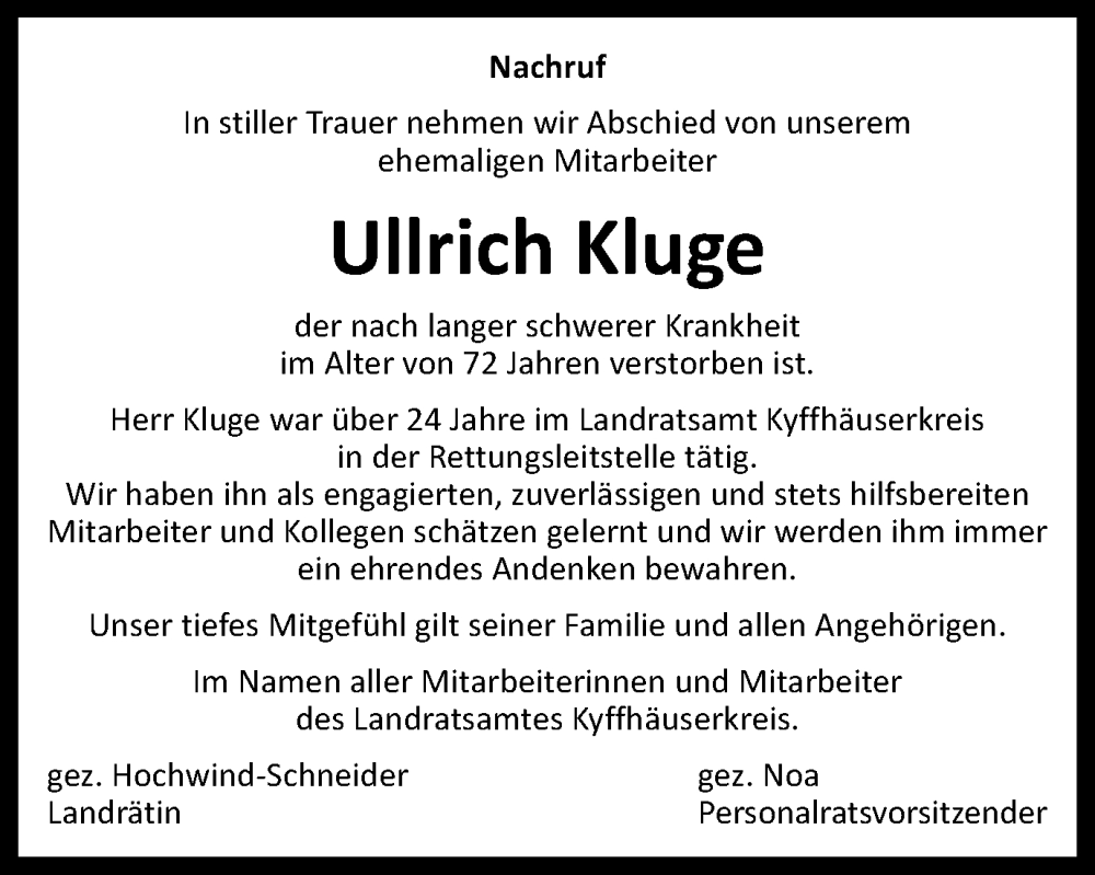  Traueranzeige für Ullrich Kluge vom 06.12.2023 aus Thüringer Allgemeine