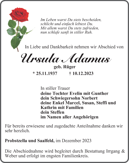 Traueranzeige von Ursula Adamus von Ostthüringer Zeitung