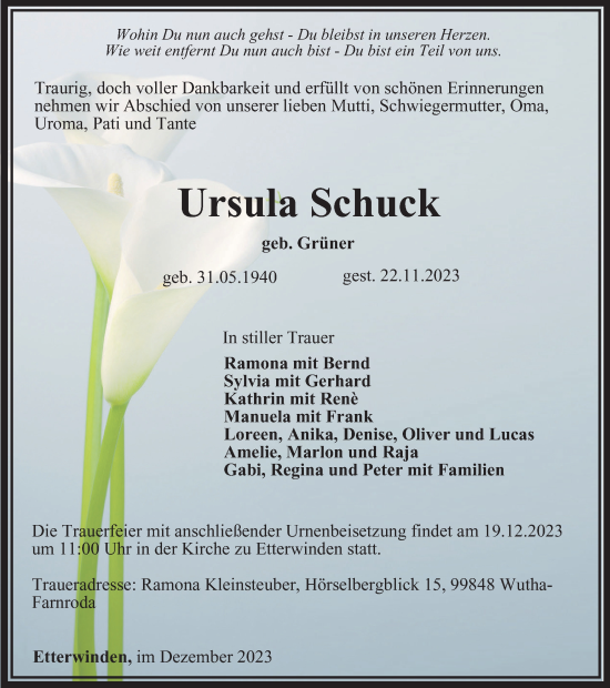 Traueranzeige von Ursula Schuck von Thüringer Allgemeine, Thüringische Landeszeitung