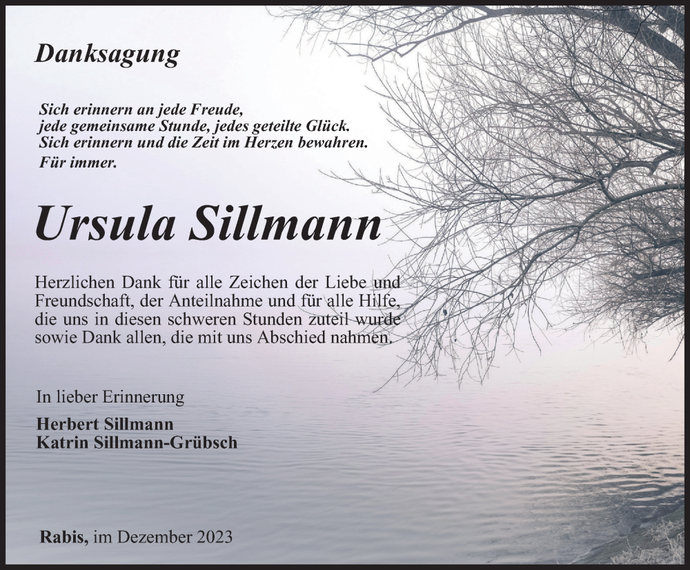  Traueranzeige für Ursula Sillmann vom 23.12.2023 aus Ostthüringer Zeitung