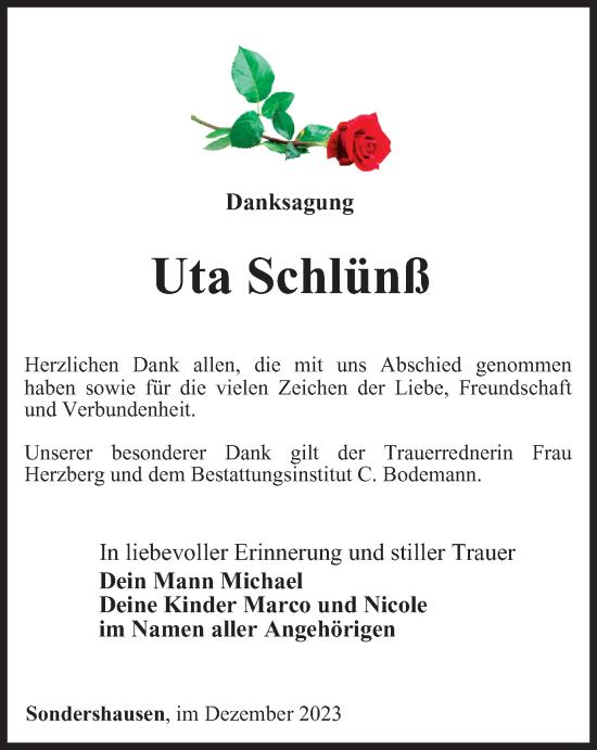 Traueranzeige von Uta Schlünß