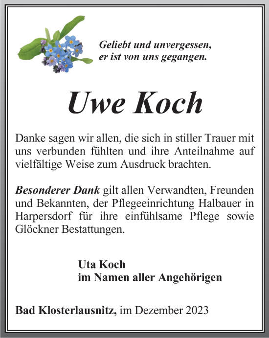 Traueranzeige von Uwe Koch von Ostthüringer Zeitung