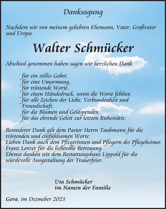 Traueranzeige von Walter Schmücker von Ostthüringer Zeitung