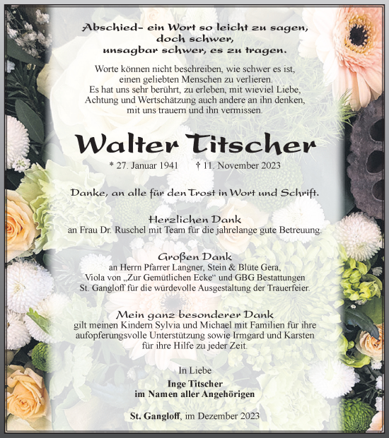 Traueranzeige von Walter Titscher von Ostthüringer Zeitung
