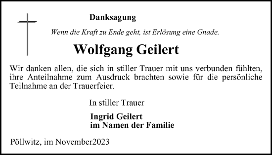 Traueranzeige von Wolfgang Geilert von Ostthüringer Zeitung