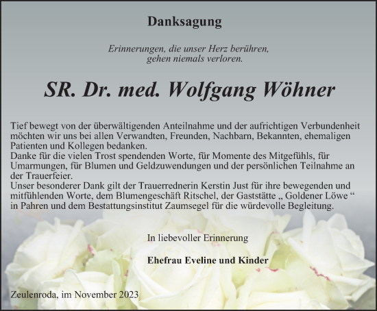 Traueranzeige von Wolfgang Wöhner von Ostthüringer Zeitung