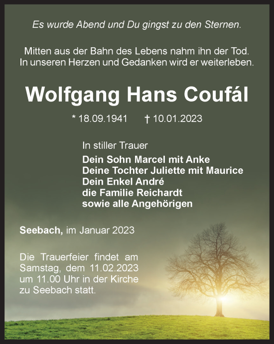 Traueranzeige von Wolfgang Hans Coufál von Thüringer Allgemeine