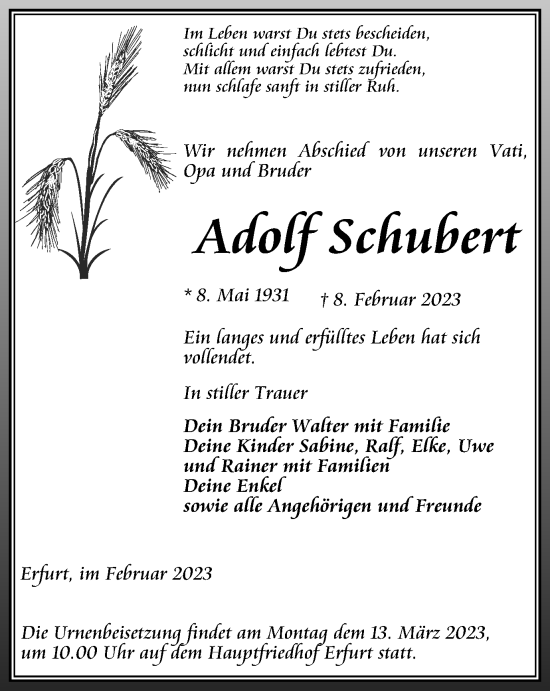 Traueranzeige von Adolf Schubert
