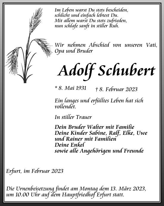 Traueranzeige von Adolf Schubert von Thüringer Allgemeine, Thüringische Landeszeitung